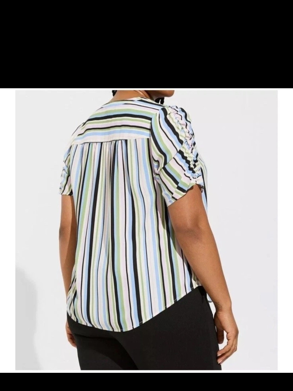 Striped Rouched-Sleeve V-Neck Blouse - Picture 4 of 8